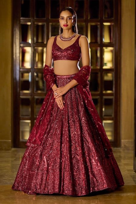 Stunning Dark Maroon Velvet Zari Embroidered Bridal Heavy Lehenga Choli  with Dupatta - Tulsi Art - 3562547