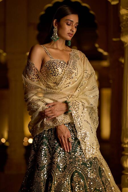 Seema Gujral_Green Raw Silk Dupatta Tissue Organza Mirror Embellished Bridal Lehenga Set _Online_at_Aza_Fashions