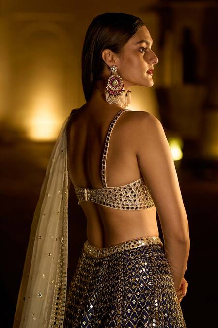 Buy_Seema Gujral_Green Raw Silk Dupatta Tissue Organza Mirror Embellished Bridal Lehenga Set _Online_at_Aza_Fashions