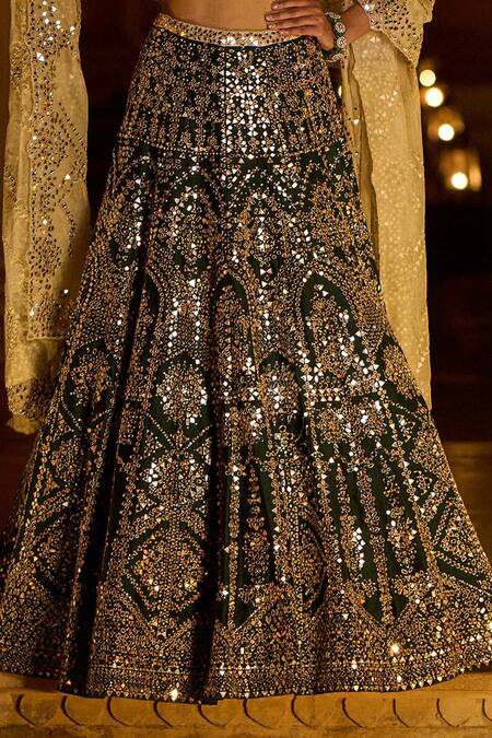 Shop_Seema Gujral_Green Raw Silk Dupatta Tissue Organza Mirror Embellished Bridal Lehenga Set _Online_at_Aza_Fashions