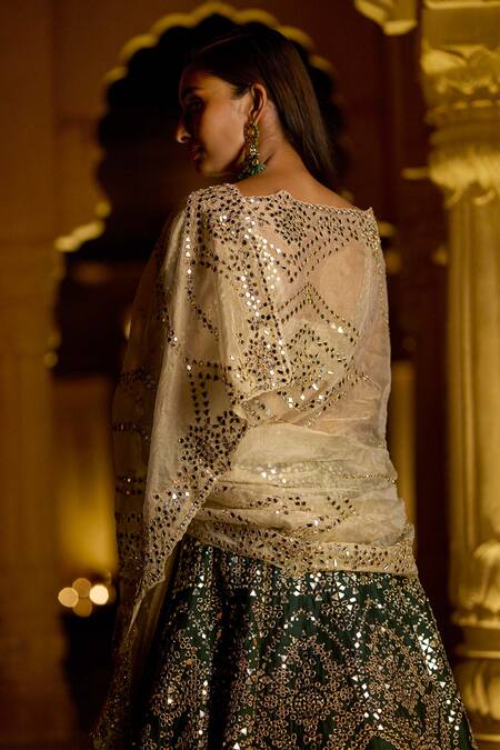 Seema Gujral_Green Raw Silk Dupatta Tissue Organza Mirror Embellished Bridal Lehenga Set _at_Aza_Fashions