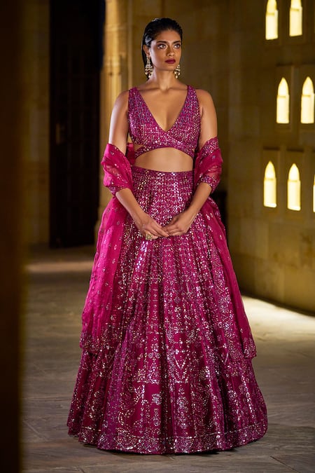 Buy Seema Gujral Purple Raw Silk Mirror Embellished Lehenga Set Online ...