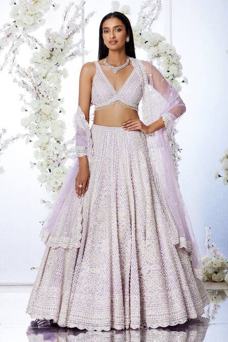 Seema Gujral Purple Net Floral V Neck Embroidered Bridal Lehenga Set Online at Aza Fashions Seema Gujral_Purple Net Floral V Neck Embroidered Bridal Lehenga Set_Online_at_Aza_Fashions