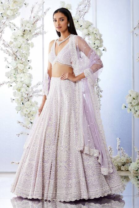Shop Seema Gujral Purple Net Floral V Neck Embroidered Bridal Lehenga Set Online at Aza Fashions Shop_Seema Gujral_Purple Net Floral V Neck Embroidered Bridal Lehenga Set_Online_at_Aza_Fashions