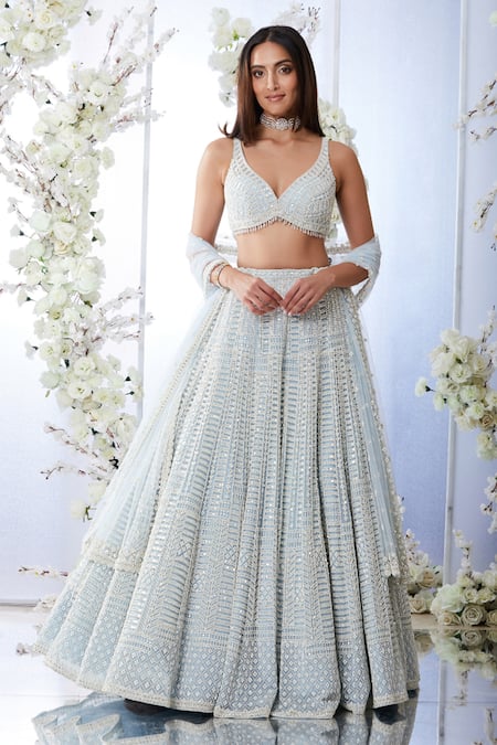 Charming Blue Thread Embroidered Silk Wedding Wear Lehenga C