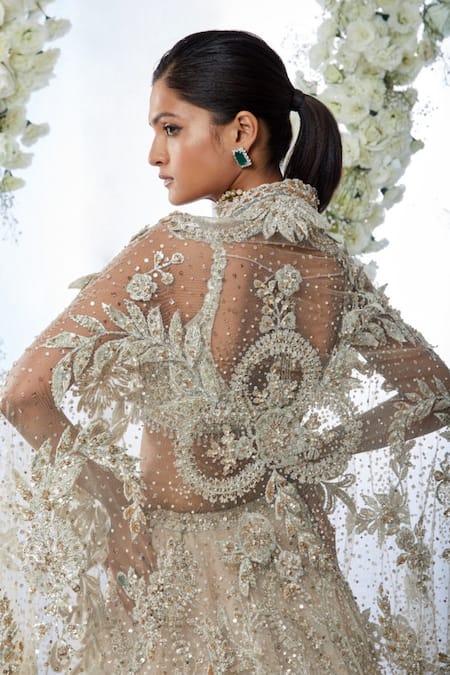 Shop_Seema Gujral_Beige Net Floral Sweetheart Neck Embroidered Bridal Lehenga Set _at_Aza_Fashions