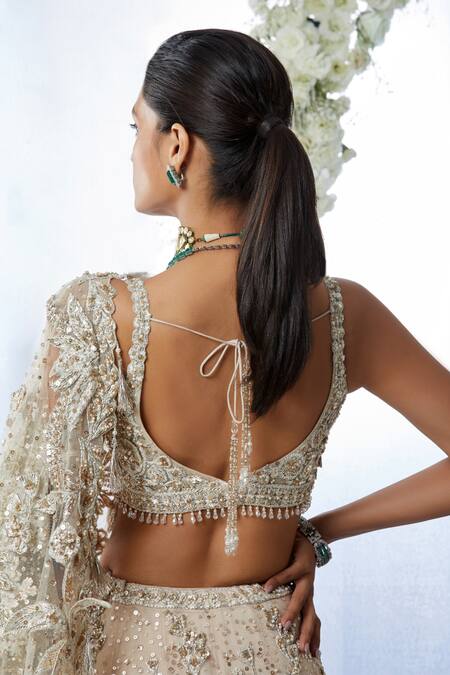 Seema Gujral_Beige Net Floral Sweetheart Neck Embroidered Bridal Lehenga Set _Online_at_Aza_Fashions