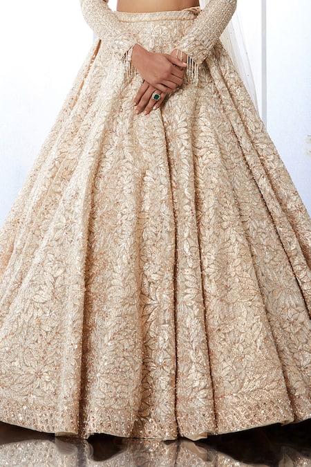 Shop Seema Gujral Gold Net Floral Print Plunge Sweetheart Embroidered Bridal Lehenga Set Online at Aza Fashions Shop_Seema Gujral_Gold Net Floral Print Plunge Sweetheart Embroidered Bridal Lehenga Set _Online_at_Aza_Fashions