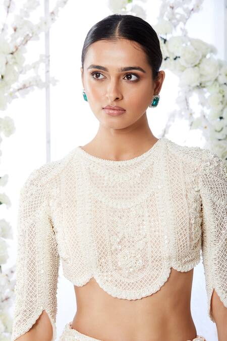 Buy_Seema Gujral_Peach Net Floral Round Embroidered Fish Cut Lehenga Set _Online_at_Aza_Fashions