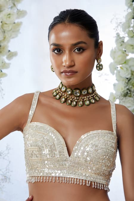 Buy_Seema Gujral_White Organza Sequin Work Sweetheart Neck Embroidered Bridal Lehenga Set _Online_at_Aza_Fashions