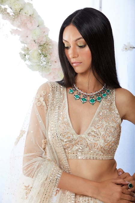 Seema Gujral_Beige Organza, Net Sequin Plunge V Neck Floral Embroidered Bridal Lehenga Set _Online_at_Aza_Fashions