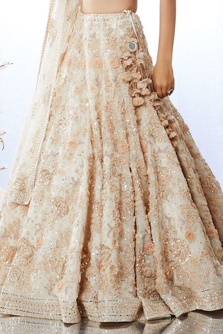 Buy_Seema Gujral_Beige Organza, Net Sequin Plunge V Neck Floral Embroidered Bridal Lehenga Set _Online_at_Aza_Fashions