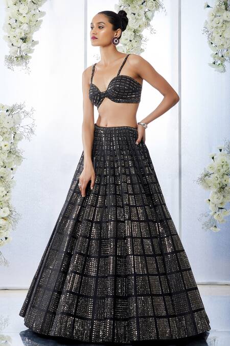 Buy_Seema Gujral_Black Silk Brick Sweetheart Neck Embroidered Lehenga Set_Online_at_Aza_Fashions