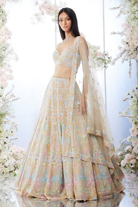 Seema Gujral_Multi Color Net Leaf Embroidered Lehenga Set_Online_at_Aza_Fashions