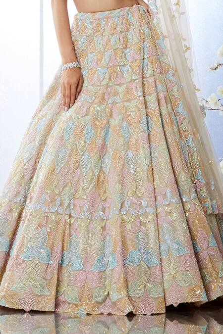 Seema Gujral_Multi Color Net Leaf Embroidered Lehenga Set_at_Aza_Fashions