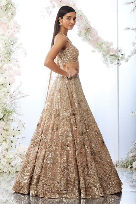 Seema Gujral_Beige Net Sequin Plunge V Neck Embroidered Bridal Lehenga Set _Online_at_Aza_Fashions
