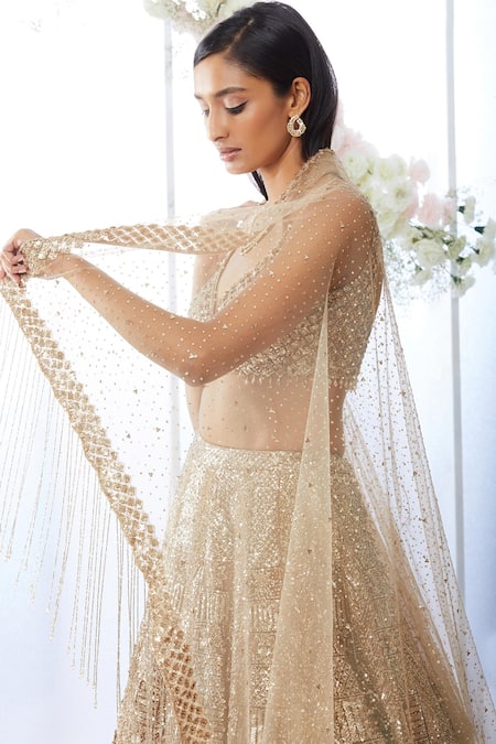 Shop_Seema Gujral_Beige Net Sequin Plunge V Neck Embroidered Bridal Lehenga Set _Online_at_Aza_Fashions