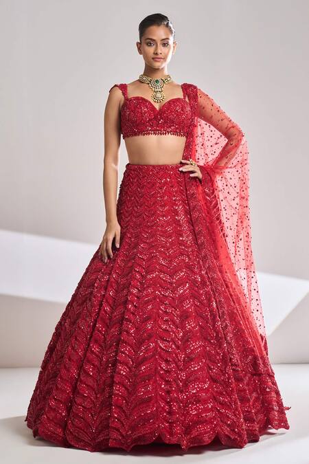 Seema Gujral_Red Net Sequin Sweetheart Neck Leaf Motif Bridal Lehenga Set_Online_at_Aza_Fashions