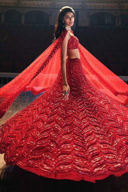 Buy_Seema Gujral_Red Net Sequin Sweetheart Neck Leaf Motif Bridal Lehenga Set_Online_at_Aza_Fashions