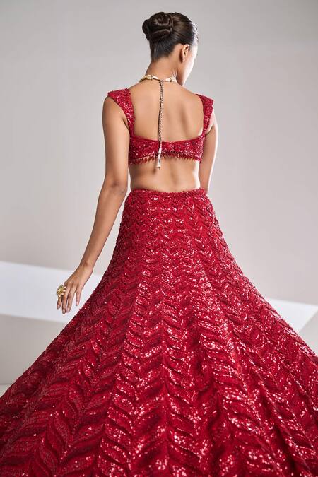 Shop_Seema Gujral_Red Net Sequin Sweetheart Neck Leaf Motif Bridal Lehenga Set_Online_at_Aza_Fashions