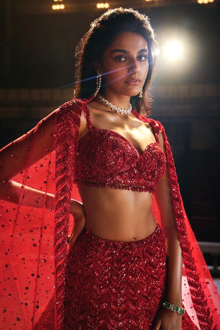 Seema Gujral_Red Net Sequin Sweetheart Neck Leaf Motif Bridal Lehenga Set_at_Aza_Fashions