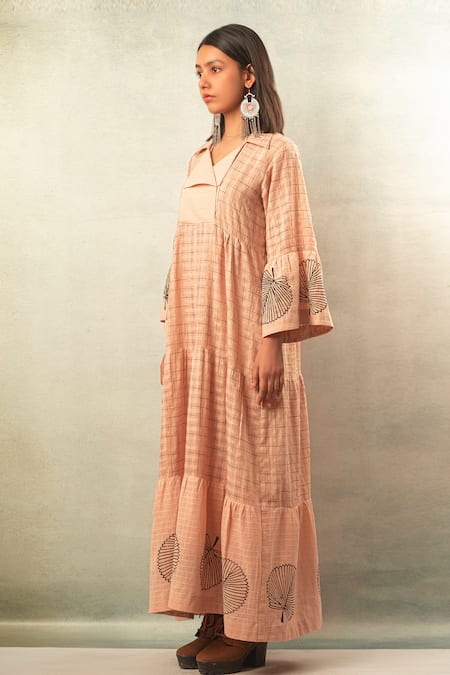 Shop Ibai Peach Handwoven Cotton Silk V Neck Printed Maxi Dress Online at Aza Fashions Shop_Ibai_Peach Handwoven Cotton Silk V Neck Printed Maxi Dress _Online_at_Aza_Fashions
