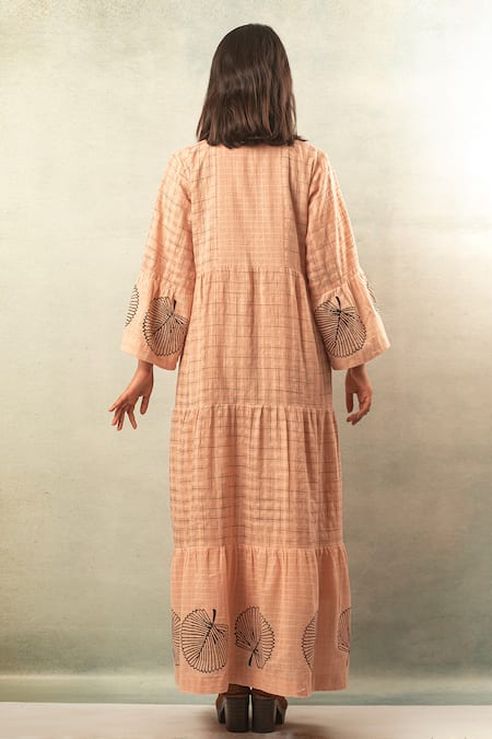 Shop Ibai Peach Handwoven Cotton Silk V Neck Printed Maxi Dress at Aza Fashions Shop_Ibai_Peach Handwoven Cotton Silk V Neck Printed Maxi Dress _at_Aza_Fashions