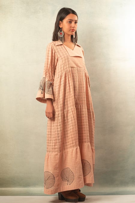 Ibai Peach Handwoven Cotton Silk V Neck Printed Maxi Dress Online at Aza Fashions Ibai_Peach Handwoven Cotton Silk V Neck Printed Maxi Dress _Online_at_Aza_Fashions