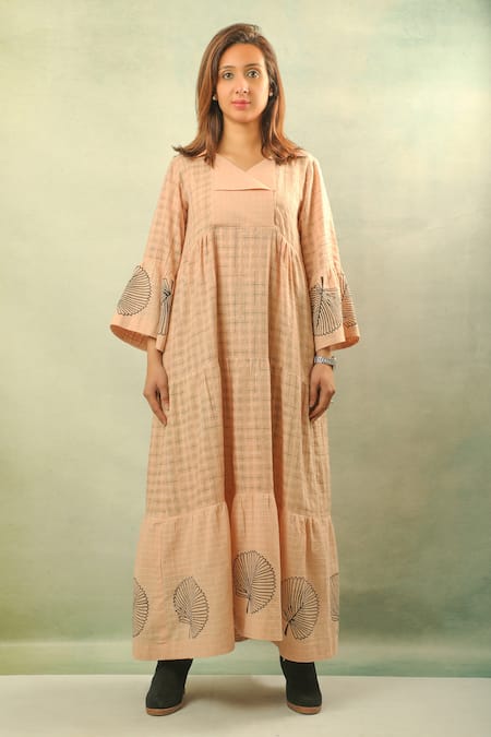 Buy Ibai Peach Handwoven Cotton Silk V Neck Printed Maxi Dress Online at Aza Fashions Buy_Ibai_Peach Handwoven Cotton Silk V Neck Printed Maxi Dress _Online_at_Aza_Fashions