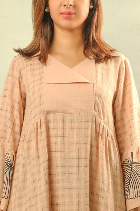 Ibai Peach Handwoven Cotton Silk V Neck Printed Maxi Dress at Aza Fashions Ibai_Peach Handwoven Cotton Silk V Neck Printed Maxi Dress _at_Aza_Fashions