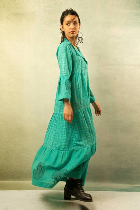 Shop_Ibai_Green Handwoven Cotton Silk V Neck Printed Maxi Dress _Online_at_Aza_Fashions