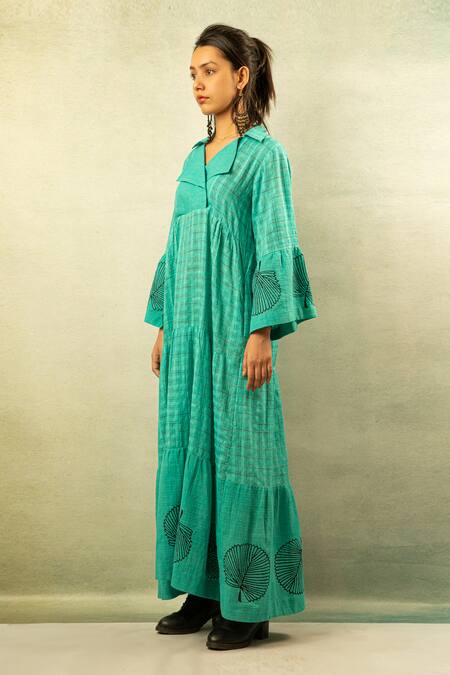 Buy_Ibai_Green Handwoven Cotton Silk V Neck Printed Maxi Dress _Online_at_Aza_Fashions