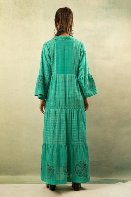 Shop_Ibai_Green Handwoven Cotton Silk V Neck Printed Maxi Dress _at_Aza_Fashions