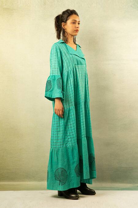 Ibai_Green Handwoven Cotton Silk V Neck Printed Maxi Dress _Online_at_Aza_Fashions