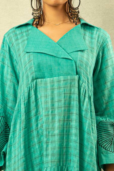 Ibai_Green Handwoven Cotton Silk V Neck Printed Maxi Dress _at_Aza_Fashions