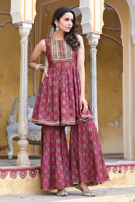 Bairaas_Maroon Muslin Printed Floral Round Kurta Sharara Set_Online_at_Aza_Fashions