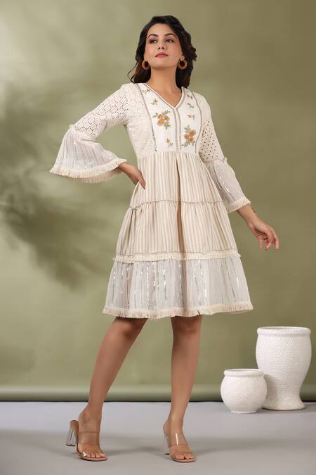 Buy Beige Mulmul Printed Floral V Neck Striped Dress For Women By