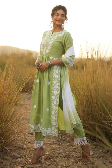 Shop_Bairaas_Green Cotton Lurex Embroidered Chikankari Notched Kurta Palazzo Set_at_Aza_Fashions
