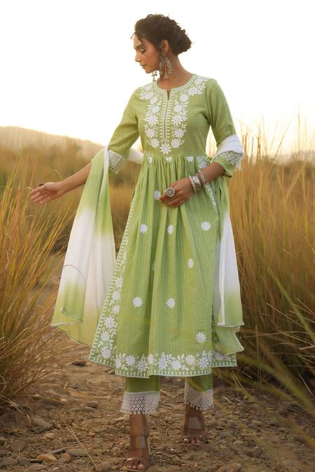 Buy_Bairaas_Green Cotton Lurex Embroidered Chikankari Notched Kurta Palazzo Set_Online_at_Aza_Fashions
