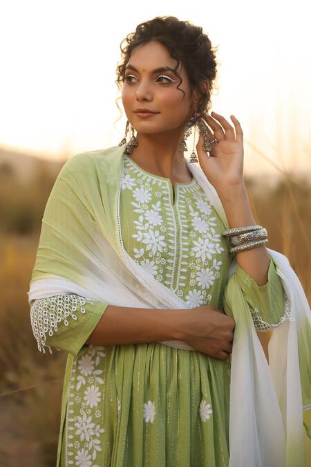 Bairaas_Green Cotton Lurex Embroidered Chikankari Notched Kurta Palazzo Set_at_Aza_Fashions