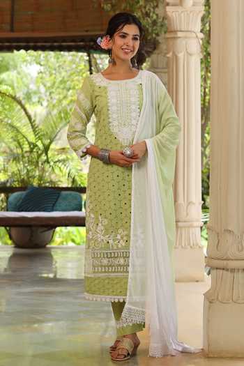 Schiffli Green Floral Embroidered Kurta Set With Art Silk Printed Scalloped Dupatta