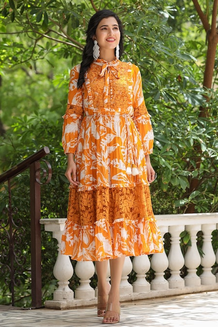 BAIRAAS Yellow Mulmul Printed Leaf Tie-up Dress