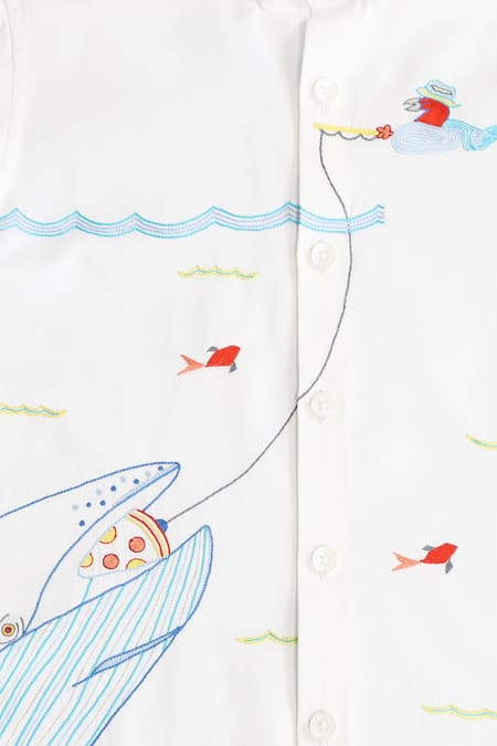 Shop Partykles White Cotton Satin Embroidery Shirt at Aza Fashions Shop_Partykles_White Cotton Satin Embroidery Shirt _at_Aza_Fashions