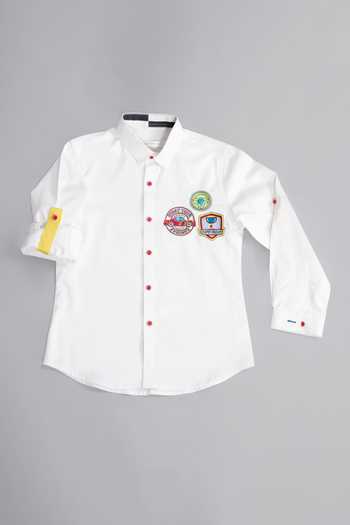 Partykles_White Cotton Satin Embroidery Emblem Full Sleeve Shirt _Online_at_Aza_Fashions