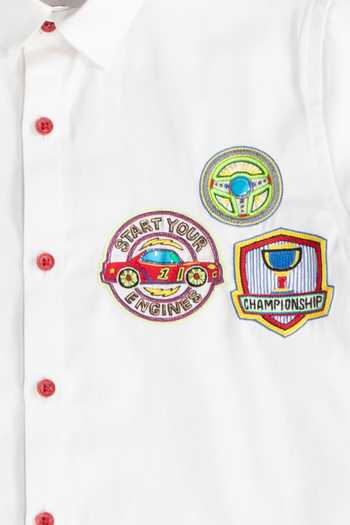 Shop_Partykles_White Cotton Satin Embroidery Emblem Full Sleeve Shirt _Online_at_Aza_Fashions