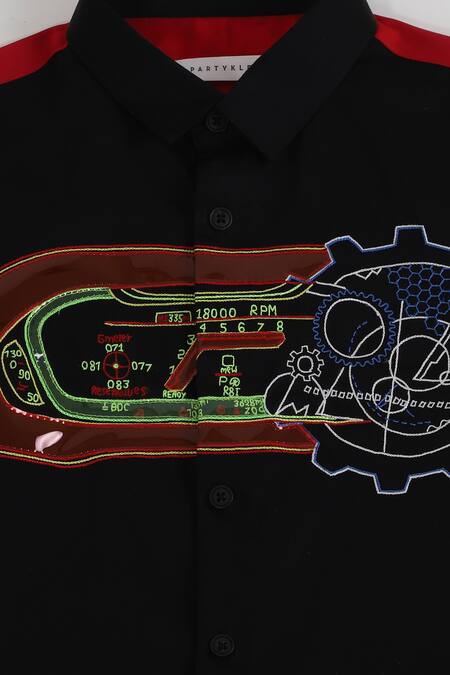 Partykles_Black Cotton Satin Embroidery Patch Shirt _Online_at_Aza_Fashions