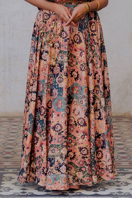 Nikita Vishakha_Red Persian Carpet Pattern, Zari Dori And Tassels Silk Printed Lehenga & Top Set_at_Aza_Fashions