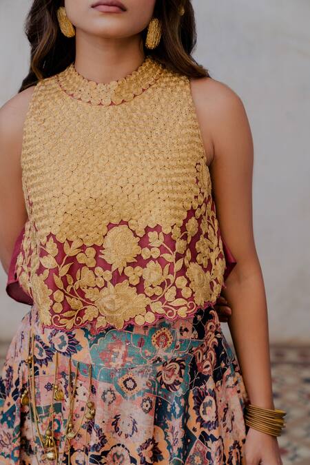 Shop_Nikita Vishakha_Red Persian Carpet Pattern, Zari Dori And Tassels Silk Printed Lehenga & Top Set_Online_at_Aza_Fashions