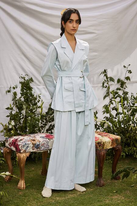 Interpret_Blue Heavy Cotton Twill Flared Trousers_Online_at_Aza_Fashions