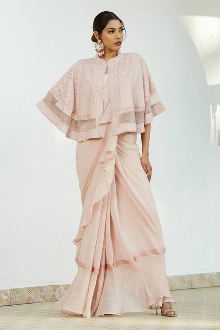 Romaa_Pink Chiffon Plain Blouseround, Cape Open Pre-draped Saree Set With _Online_at_Aza_Fashions